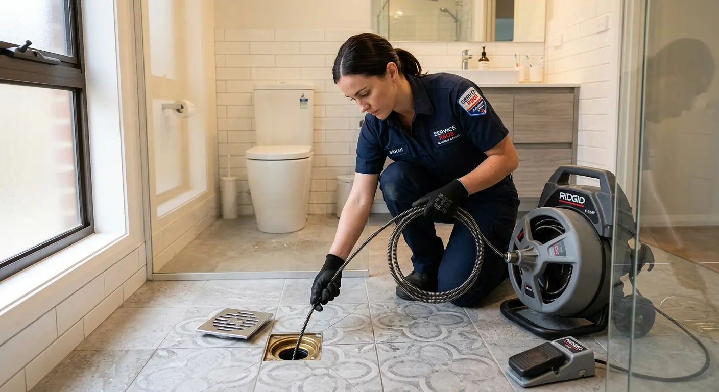 Technician clearing a bathroom floor drain for Sewer Line Installation in Perry